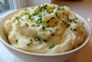 A close-up of a white bowl filled with fluffy garlic mashed potatoes, topped with melted butter and fresh chives.