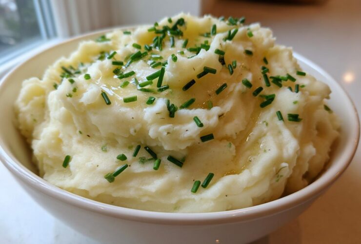 A close-up of a white bowl filled with fluffy garlic mashed potatoes, topped with melted butter and fresh chives.
