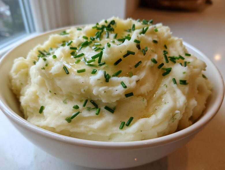 A close-up of a white bowl filled with fluffy garlic mashed potatoes, topped with melted butter and fresh chives.