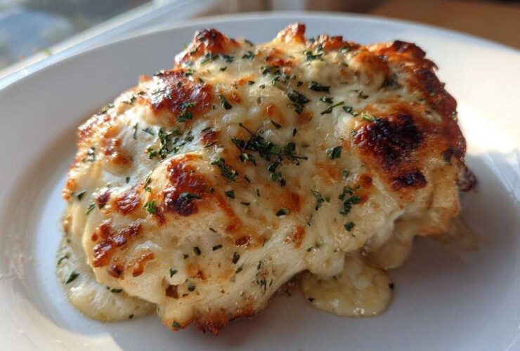 A close-up of a serving of Garlic parmesan chicken bake covered in melted, golden-brown cheese and parsley.