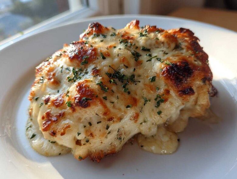 A close-up of a serving of Garlic parmesan chicken bake covered in melted, golden-brown cheese and parsley.
