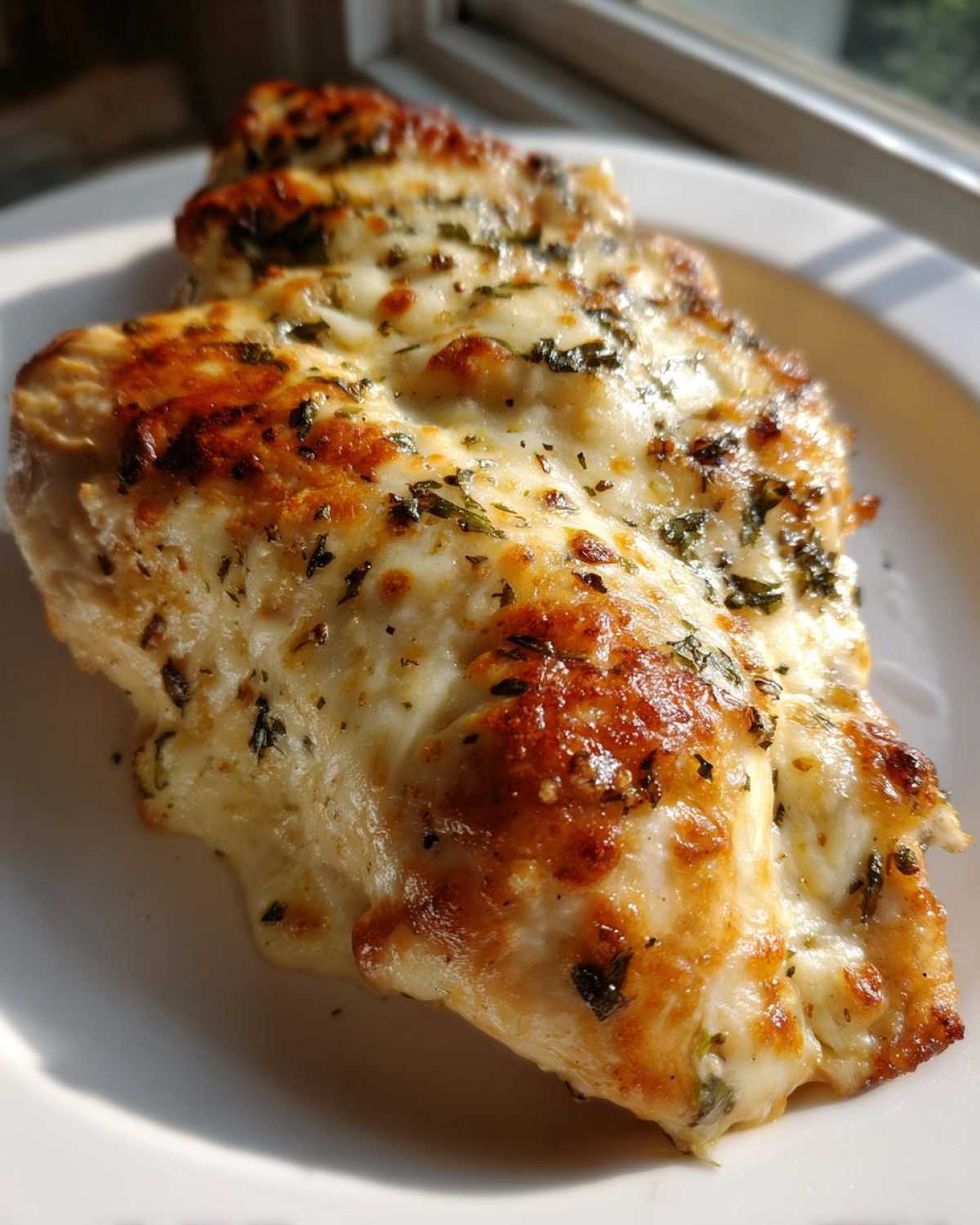 Close-up of baked chicken breasts topped with melted, bubbly cheese and herbs, ready to eat in a Garlic parmesan chicken bake.