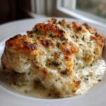 A close-up of a serving of Garlic parmesan chicken bake covered in bubbly, browned cheese sauce.