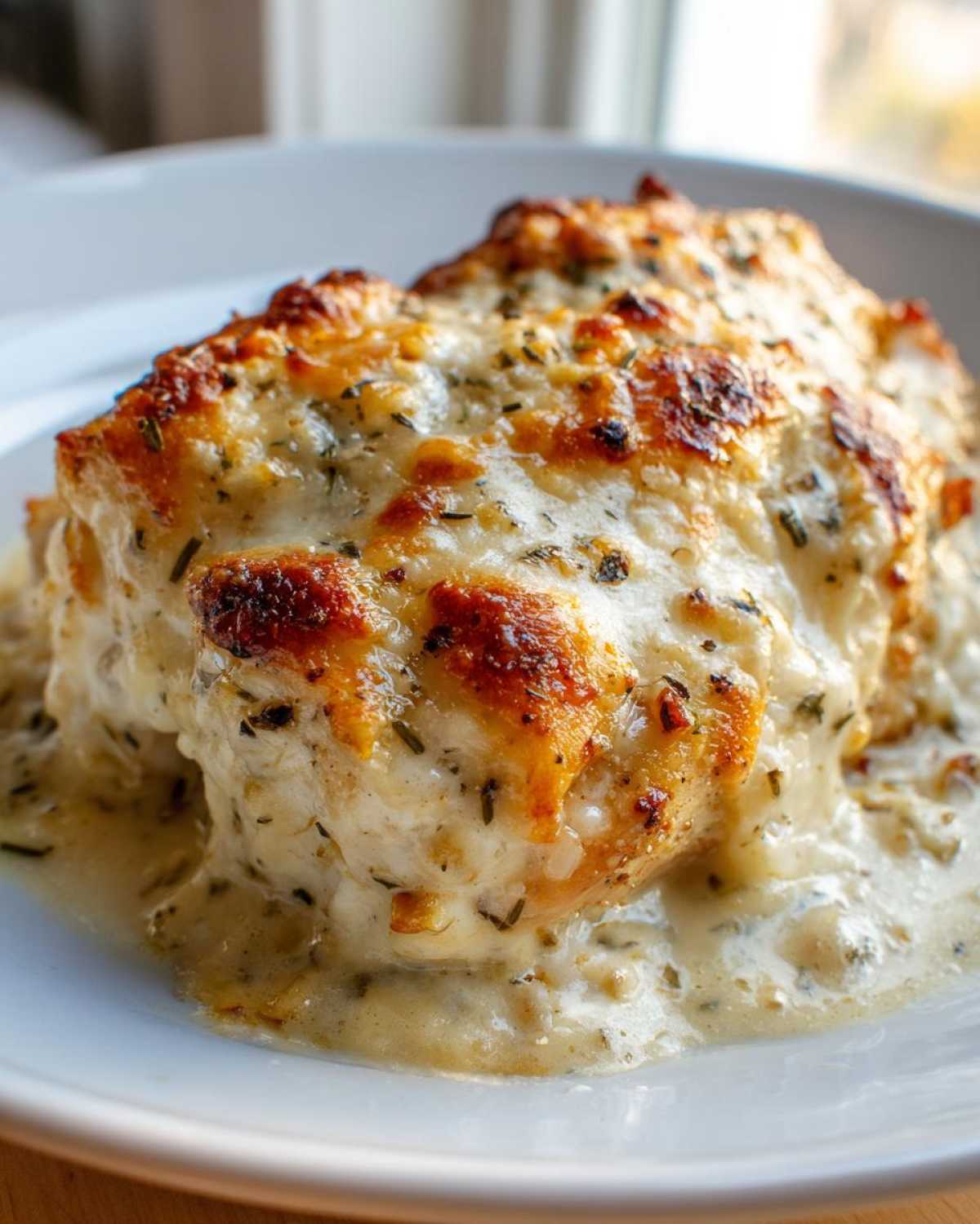 A close-up of a juicy chicken breast covered in creamy sauce and browned, melted cheese from the Garlic parmesan chicken bake.
