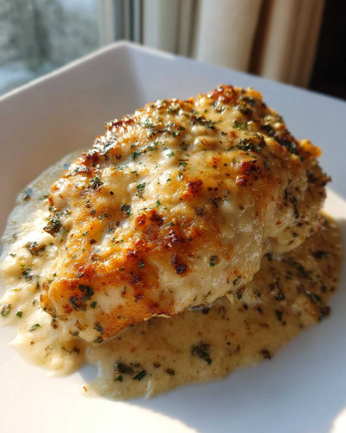 A golden-brown piece of Garlic parmesan chicken bake covered in creamy sauce and herbs served in a white bowl.