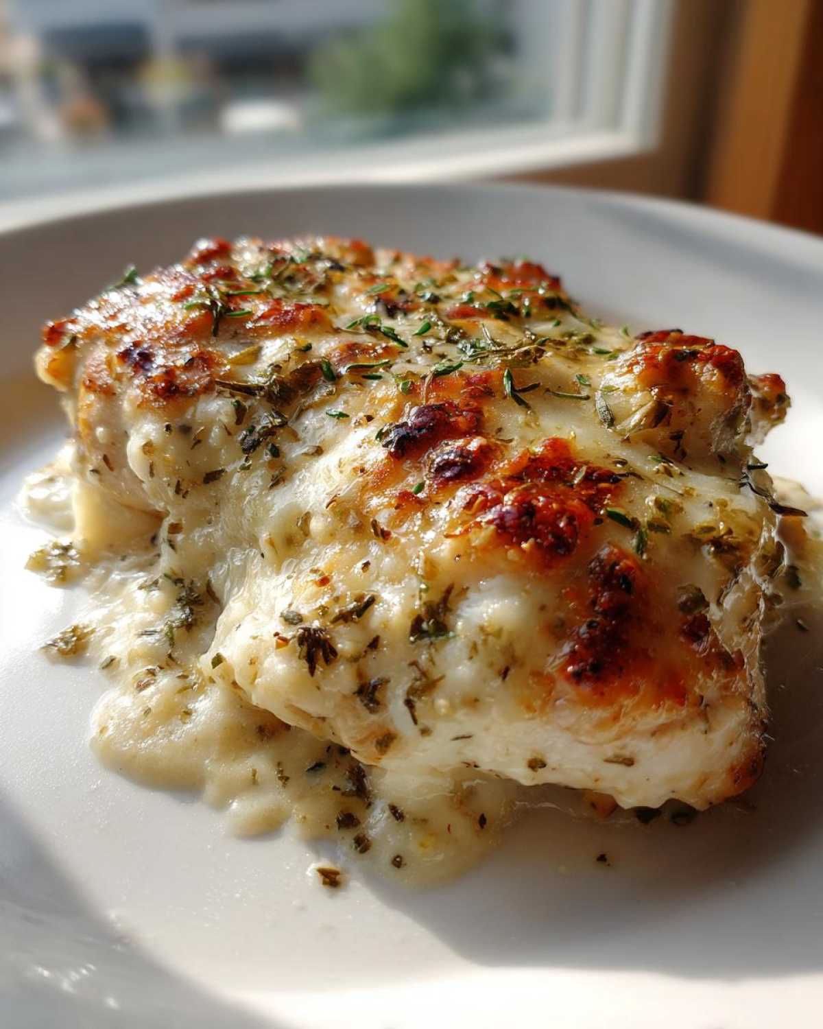 Close-up of a juicy Garlic parmesan chicken bake covered in melted, bubbly cheese and herbs.