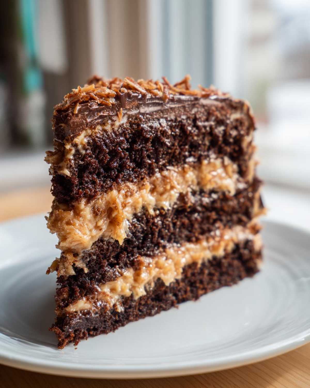 Close-up of a decadent slice of german chocolate cake recipe showing layers of dark cake and coconut pecan filling.