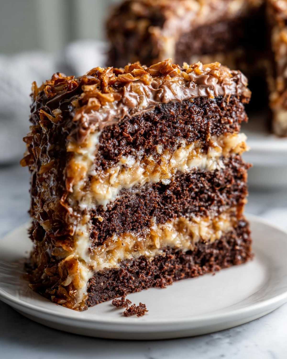Close-up of a decadent slice of german chocolate cake recipe showing three dark chocolate layers and coconut-pecan filling.