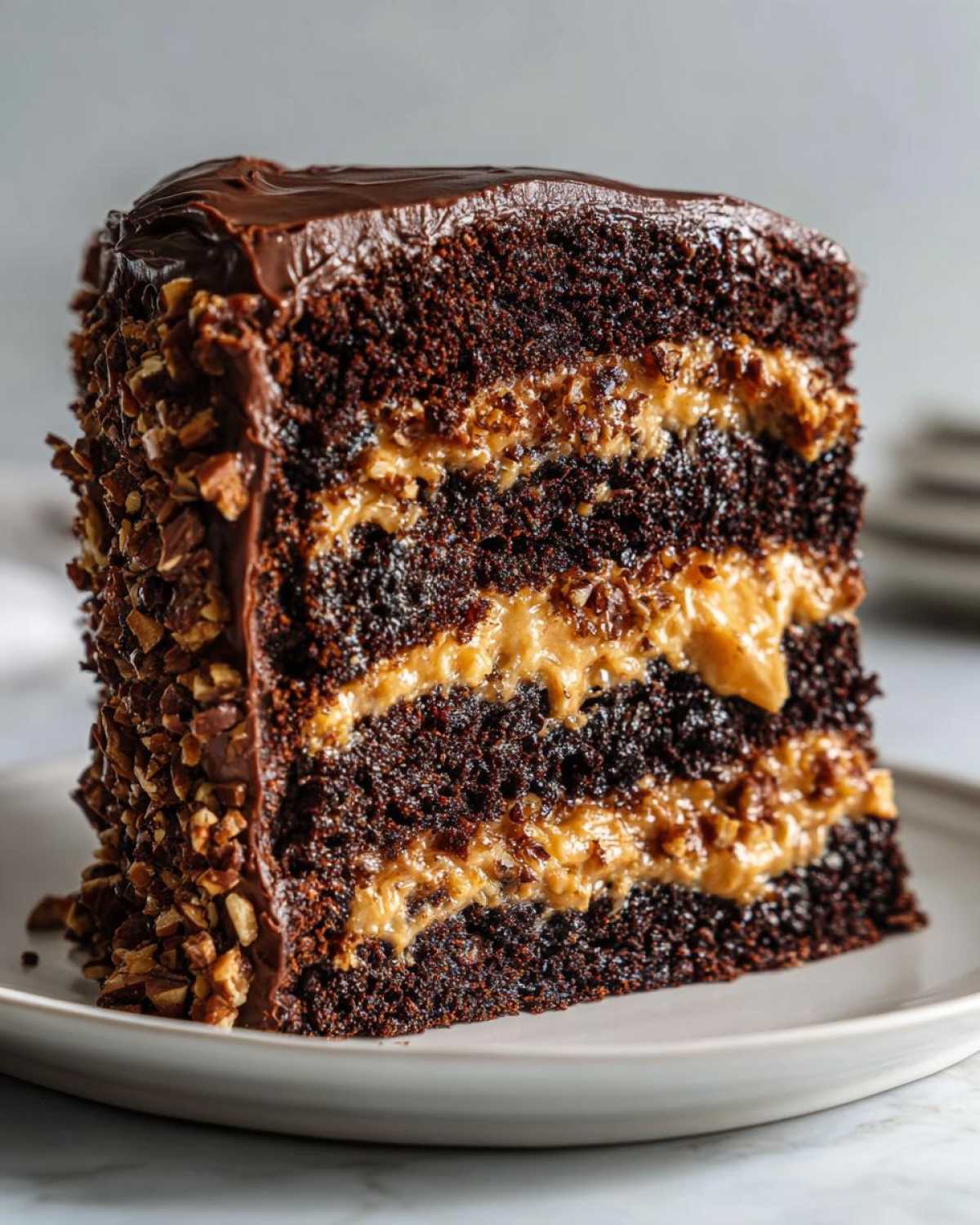 A decadent slice of german chocolate cake recipe showing three layers of dark chocolate cake separated by coconut-pecan frosting.