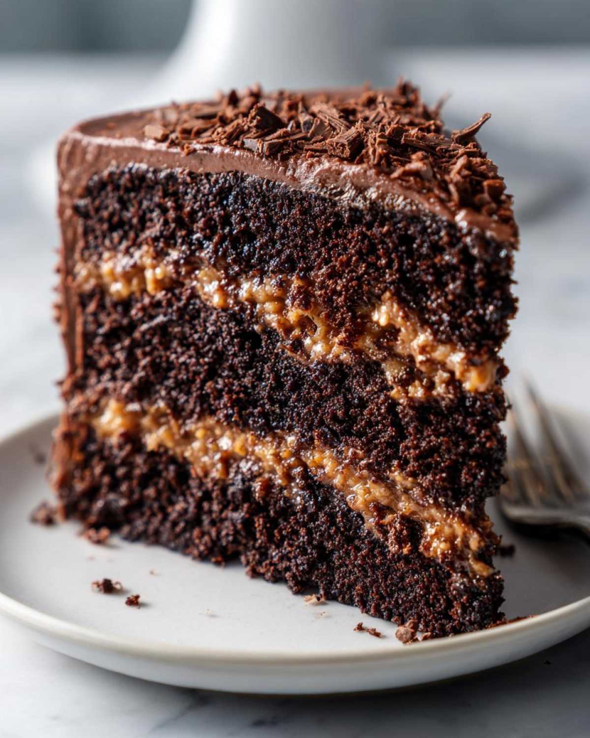Close-up of a moist slice of german chocolate cake recipe with coconut-pecan filling layers.