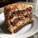 A decadent slice of german chocolate cake recipe showing rich chocolate layers and coconut pecan filling.