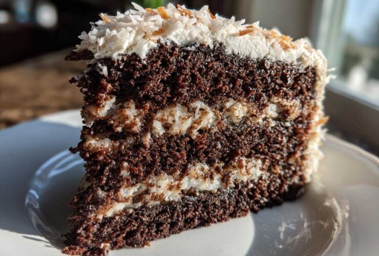 Close-up of a moist slice of german chocolate cake recipe showing dark chocolate layers and coconut pecan filling.