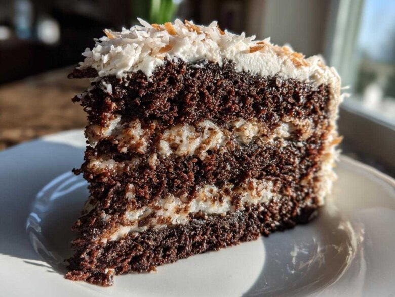Close-up of a moist slice of german chocolate cake recipe showing dark chocolate layers and coconut pecan filling.