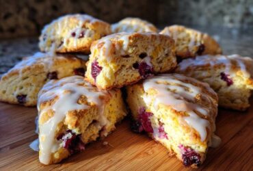 A stack of freshly baked blueberry scones drizzled with white glaze, showcasing their moist interior.
