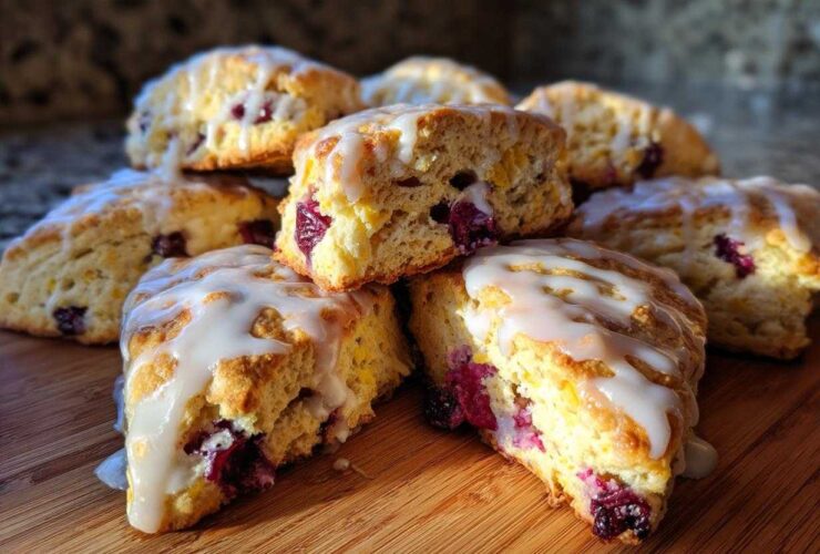A stack of freshly baked blueberry scones drizzled with white glaze, showcasing their moist interior.