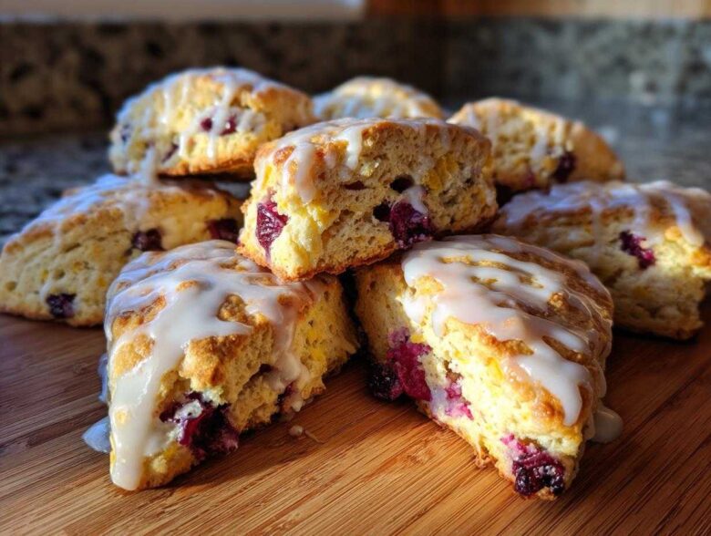 A stack of freshly baked blueberry scones drizzled with white glaze, showcasing their moist interior.