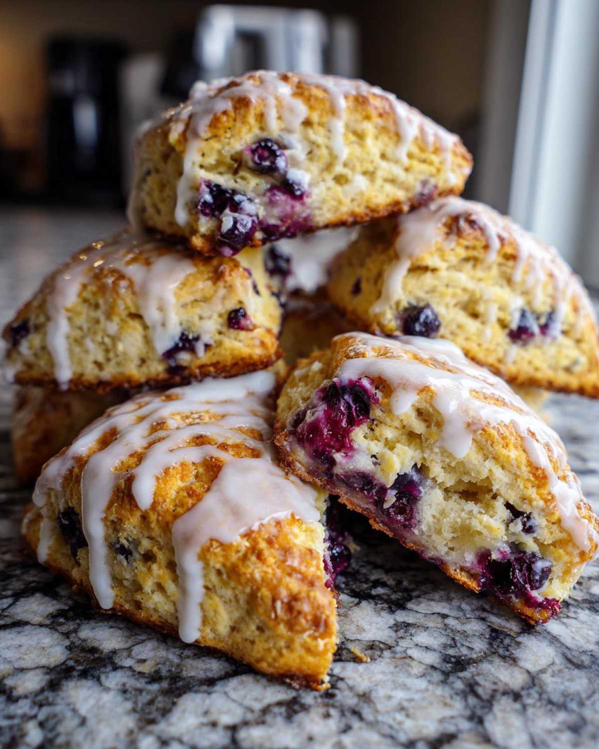 A stack of freshly baked blueberry scones drizzled with white glaze, showing the moist interior packed with blueberries.