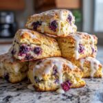 A tempting stack of freshly baked blueberry scones topped with thick white glaze dripping down the sides.