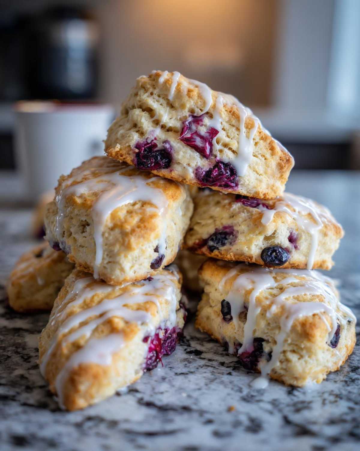 A stack of freshly baked blueberry scones drizzled with white glaze, sitting on a marble countertop.