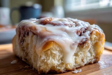 A close-up, mouth-watering shot of a single, fluffy cinnamon roll generously covered in white icing.