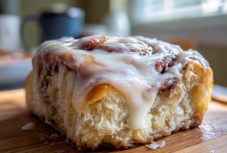 A close-up, mouth-watering shot of a single, fluffy cinnamon roll generously covered in white icing.