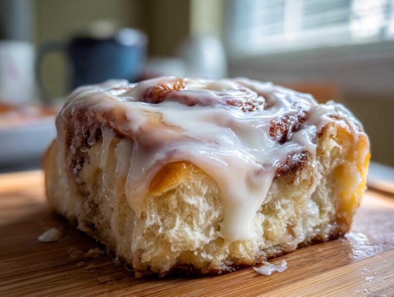 A close-up, mouth-watering shot of a single, fluffy cinnamon roll generously covered in white icing.