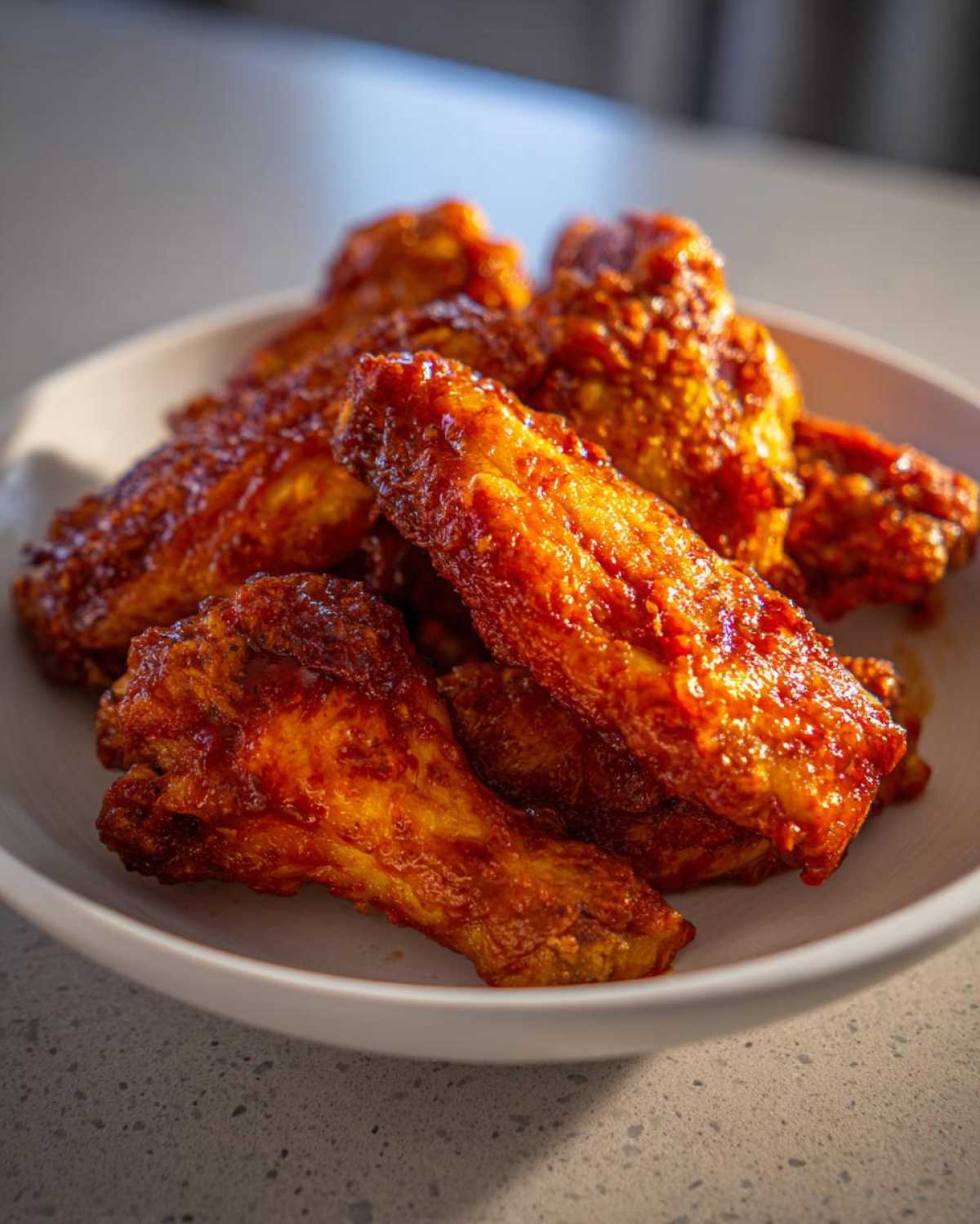 A close-up shot of several saucy, crispy chicken wings piled high in a white bowl.