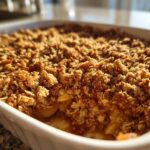 Close-up of a freshly baked apple crisp recipe showing the golden, crunchy oat topping.