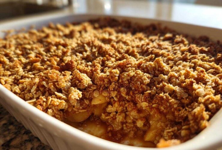 Close-up of a freshly baked apple crisp recipe showing the golden, crunchy oat topping.