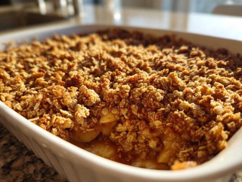 Close-up of a freshly baked apple crisp recipe showing the golden, crunchy oat topping.