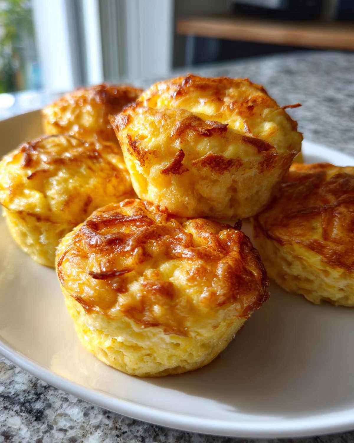 A stack of five fluffy, golden brown homemade egg bites served on a white plate.