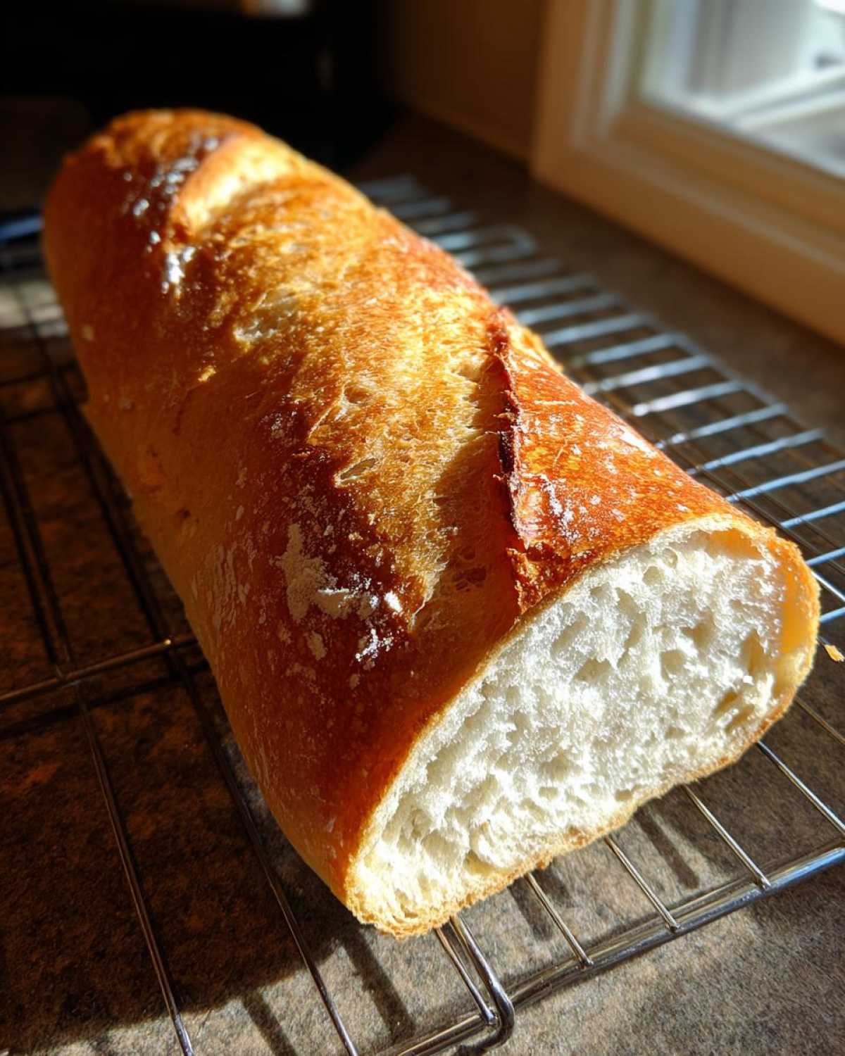 Close-up of a freshly baked french bread loaf with a golden, crisp crust resting on a wire cooling rack.