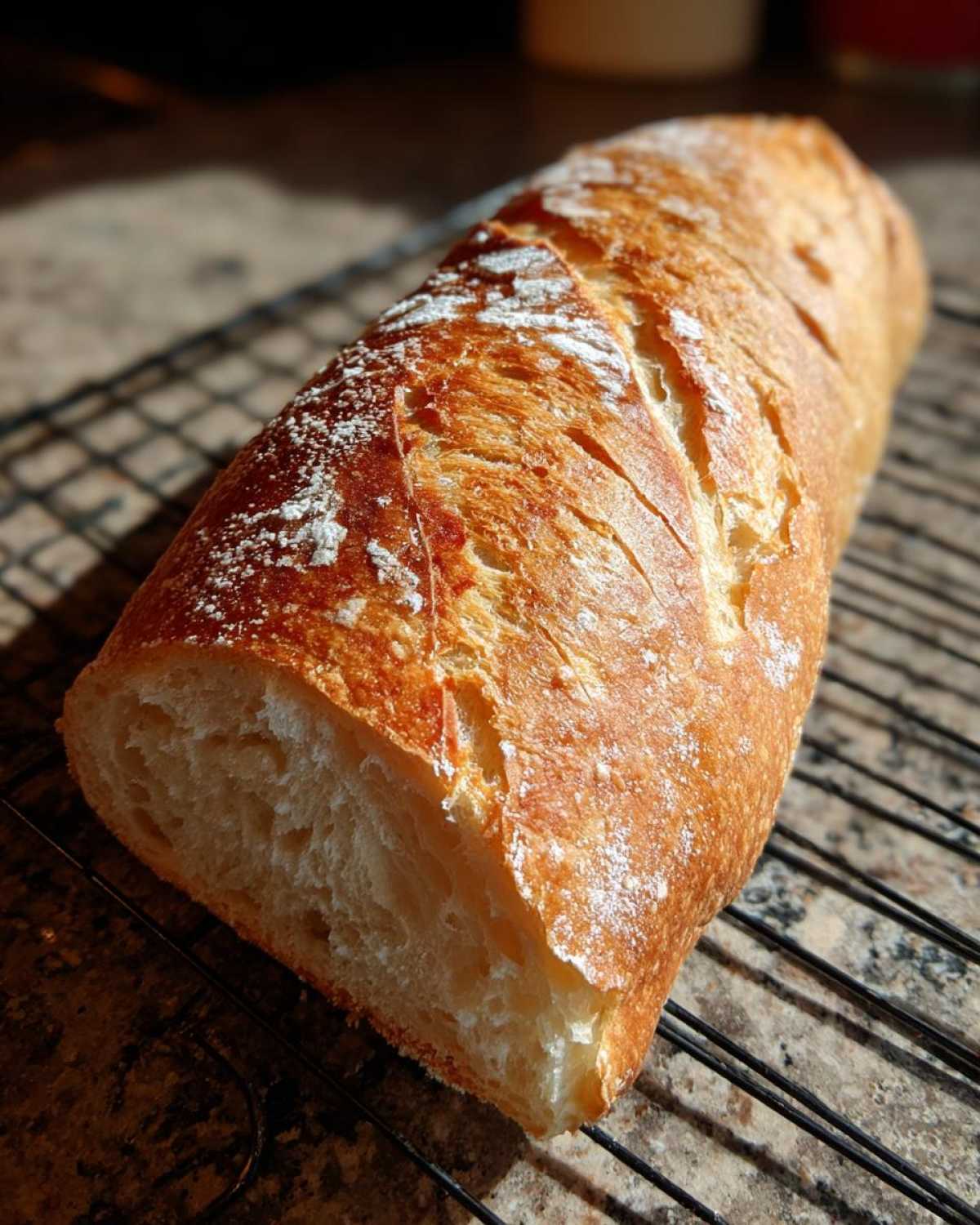 A freshly baked loaf of golden brown french bread with a crisp, scored crust, resting on a black cooling rack.