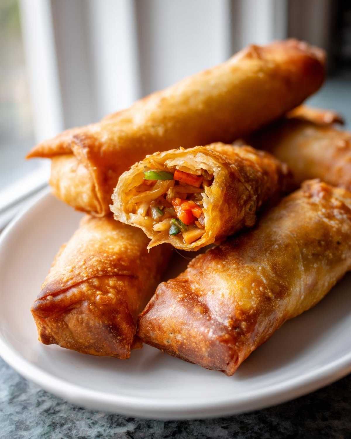 A stack of crispy, golden brown egg rolls, with one cut open to show the vegetable filling inside.