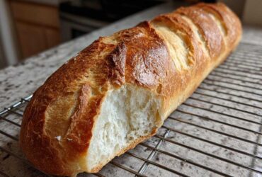 A golden brown, scored loaf of homemade french bread with a bite taken out, resting on a wire cooling rack.
