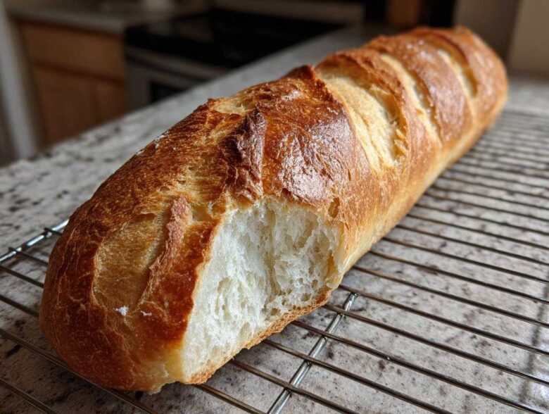 A golden brown, scored loaf of homemade french bread with a bite taken out, resting on a wire cooling rack.
