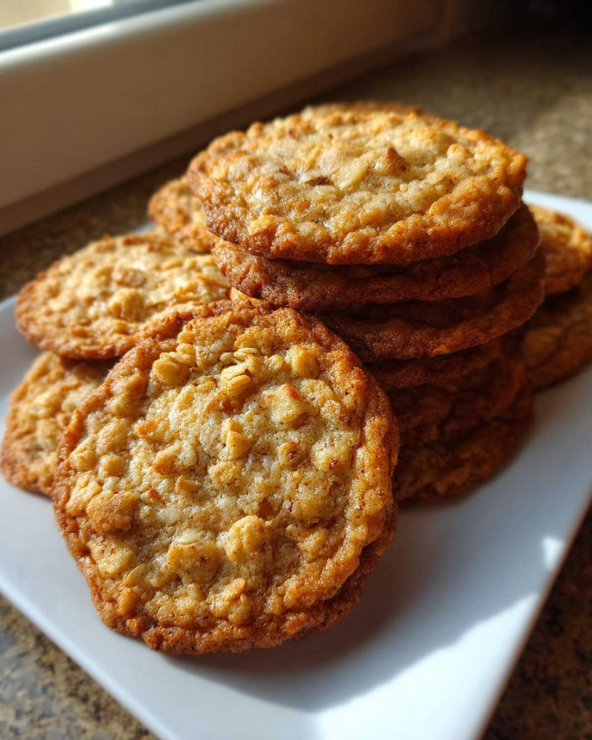 A close-up stack of freshly baked, golden brown oatmeal cookie treats sitting on a white plate.