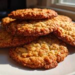 A close-up stack of freshly baked, golden brown oatmeal cookie treats catching the sunlight.