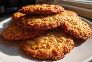 A close-up stack of freshly baked, golden brown oatmeal cookie treats catching the sunlight.