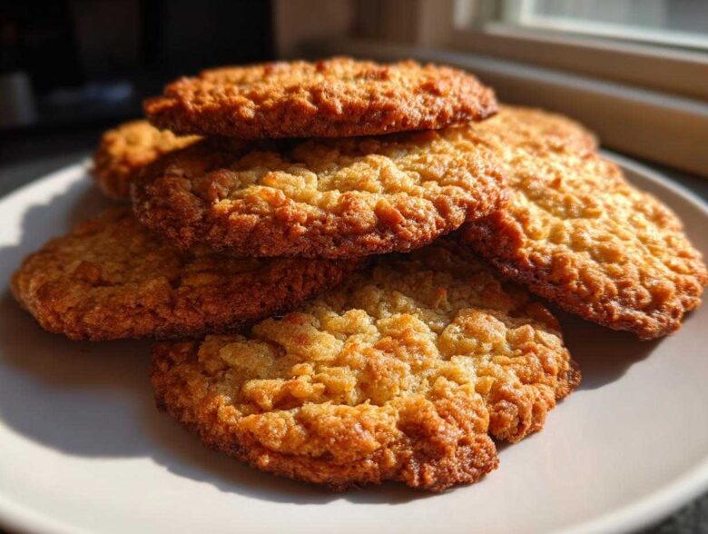 A close-up stack of freshly baked, golden brown oatmeal cookie treats catching the sunlight.