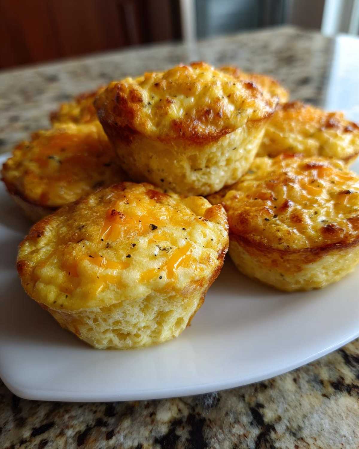 A close-up of several fluffy, golden brown egg bites topped with melted cheddar cheese and black pepper.