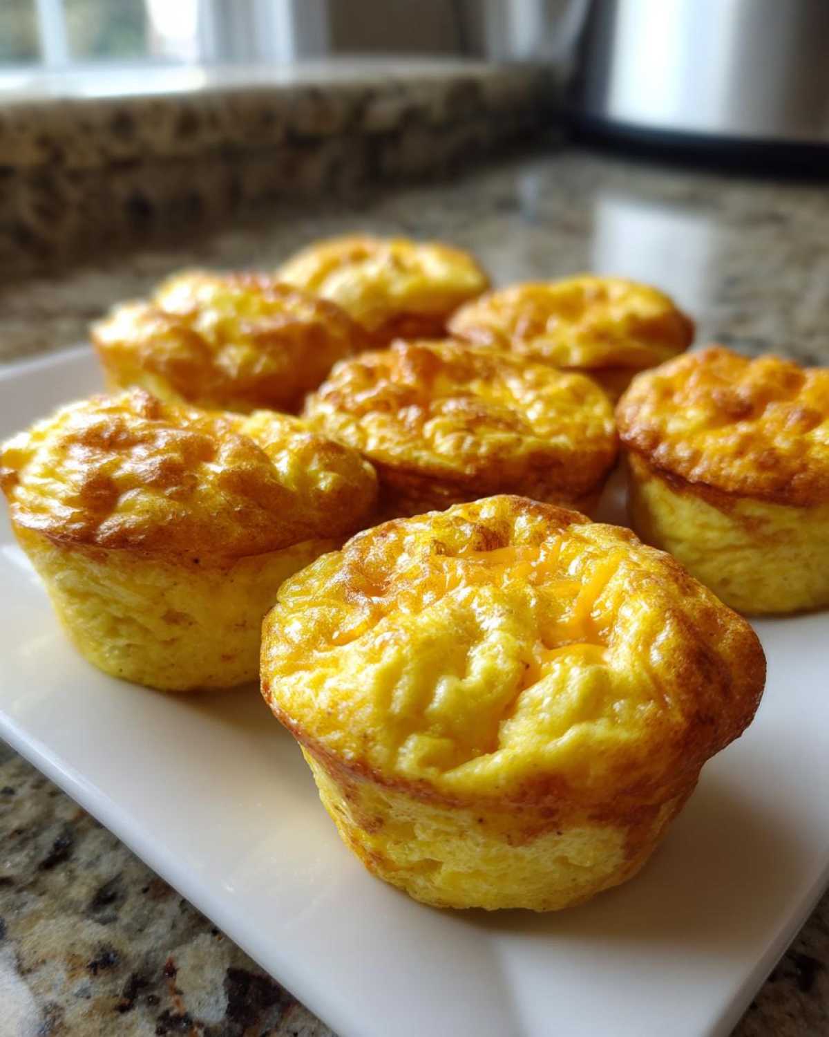 A plate of freshly baked, golden brown protein egg bites with slightly browned tops.