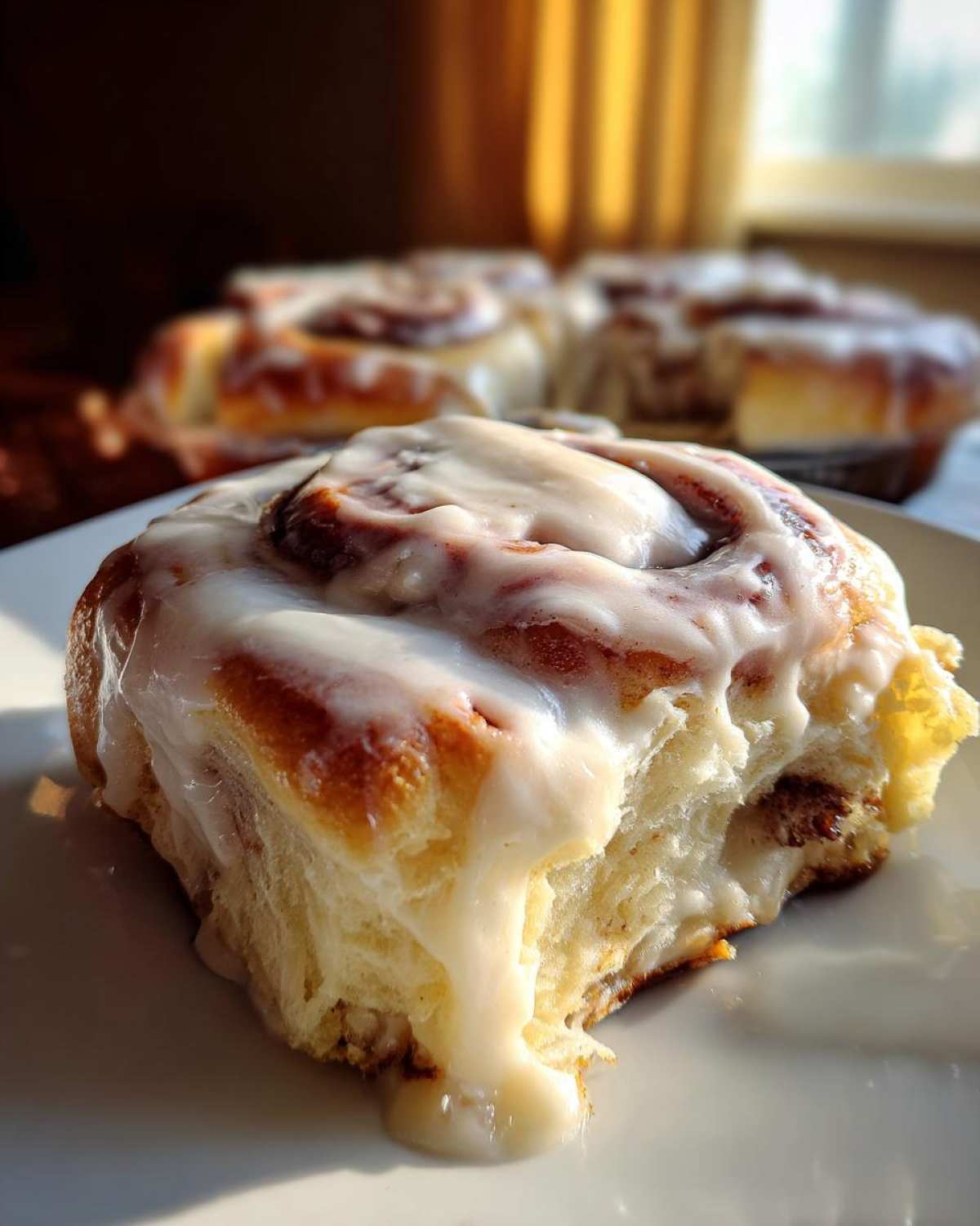 A close-up of a soft, fluffy cinnamon roll covered in thick white icing dripping down the side.
