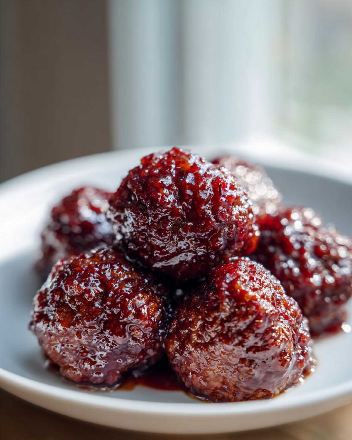 A close-up of several glistening Grape Jelly Meatballs piled on a white plate, coated in a thick, dark glaze.
