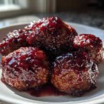 Five glistening Grape Jelly Meatballs coated in a thick, dark red, sweet glaze, served on a white dish.