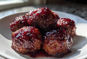 Five glistening Grape Jelly Meatballs coated in a thick, dark red, sweet glaze, served on a white dish.