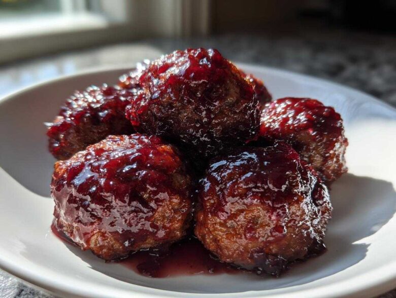 Five glistening Grape Jelly Meatballs coated in a thick, dark red, sweet glaze, served on a white dish.