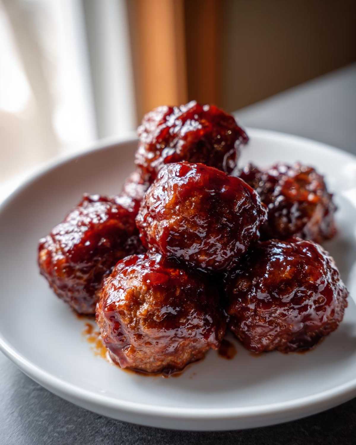 A pile of glossy, saucy grape jelly meatballs served on a small white plate.