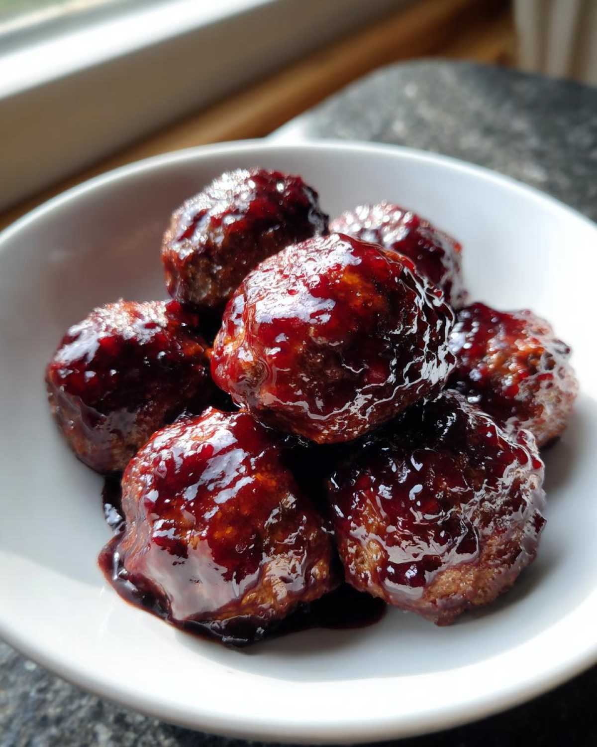 A small white bowl filled with glistening, saucy grape jelly meatballs, perfectly glazed.