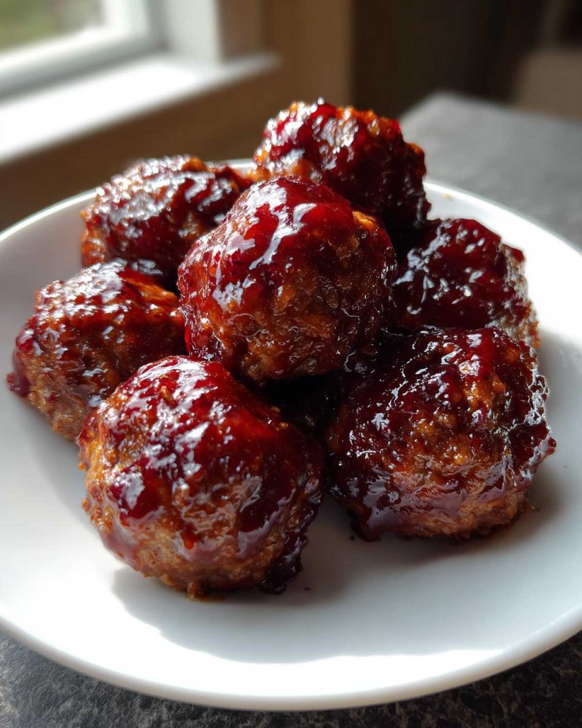 A close-up of several glistening Grape Jelly Meatballs piled high on a white serving dish.